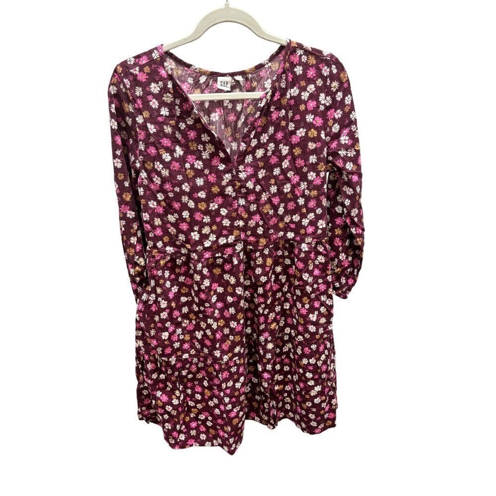 Gap V-Neck Sz XS Oversized Long Sleeve Tiered Ditsy Floral Boho Dress‎ Pockets
